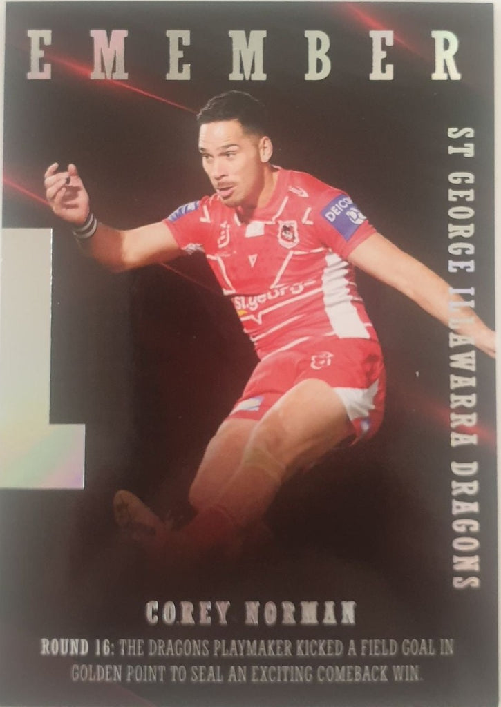 2022 TLA NRL Traders Trading card insert series 2021 Season to Remember of St George Illawarra Dragons player Corey Norman card 39/48.