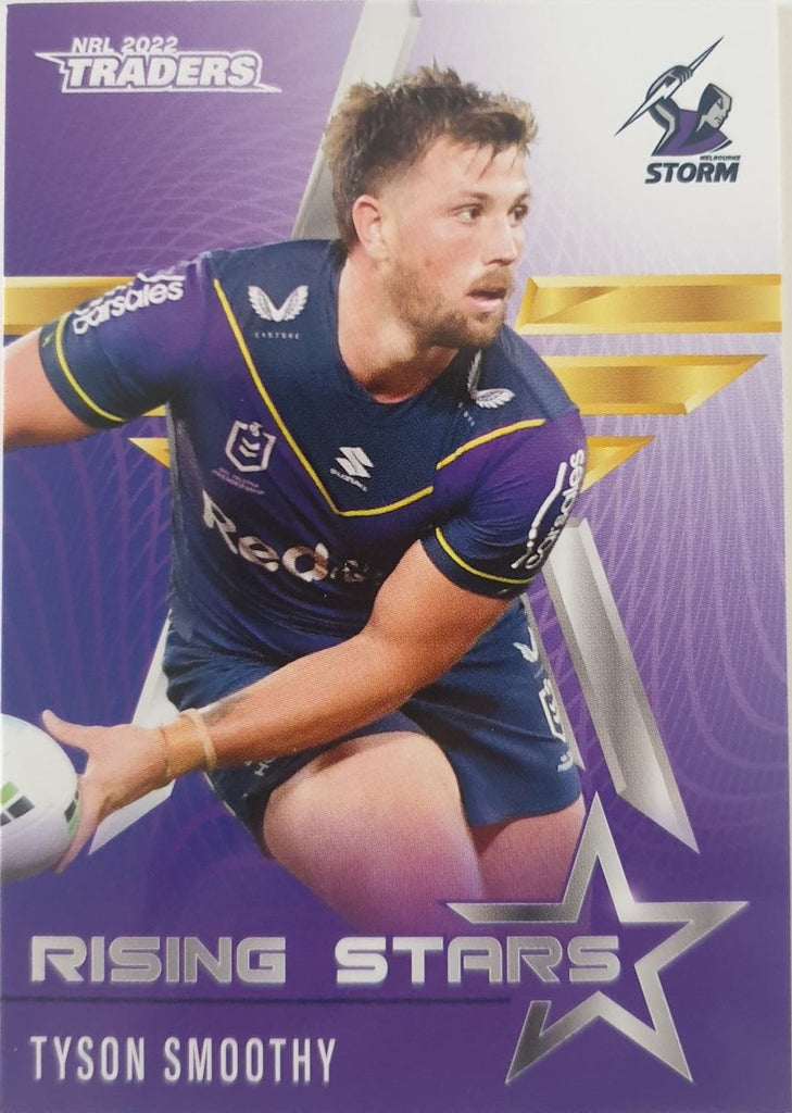 2022 TLA NRL Traders Trading card insert series Rising Stars of Melbourne Storm player Tyson Smoothy card 21/48.