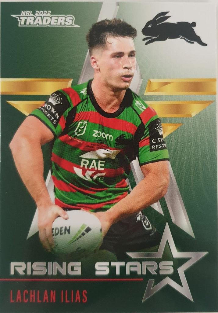 2022 TLA NRL Traders Trading card insert series Rising Stars of South Sydney Rabbitohs player Lachlan Ilias card 34/48.