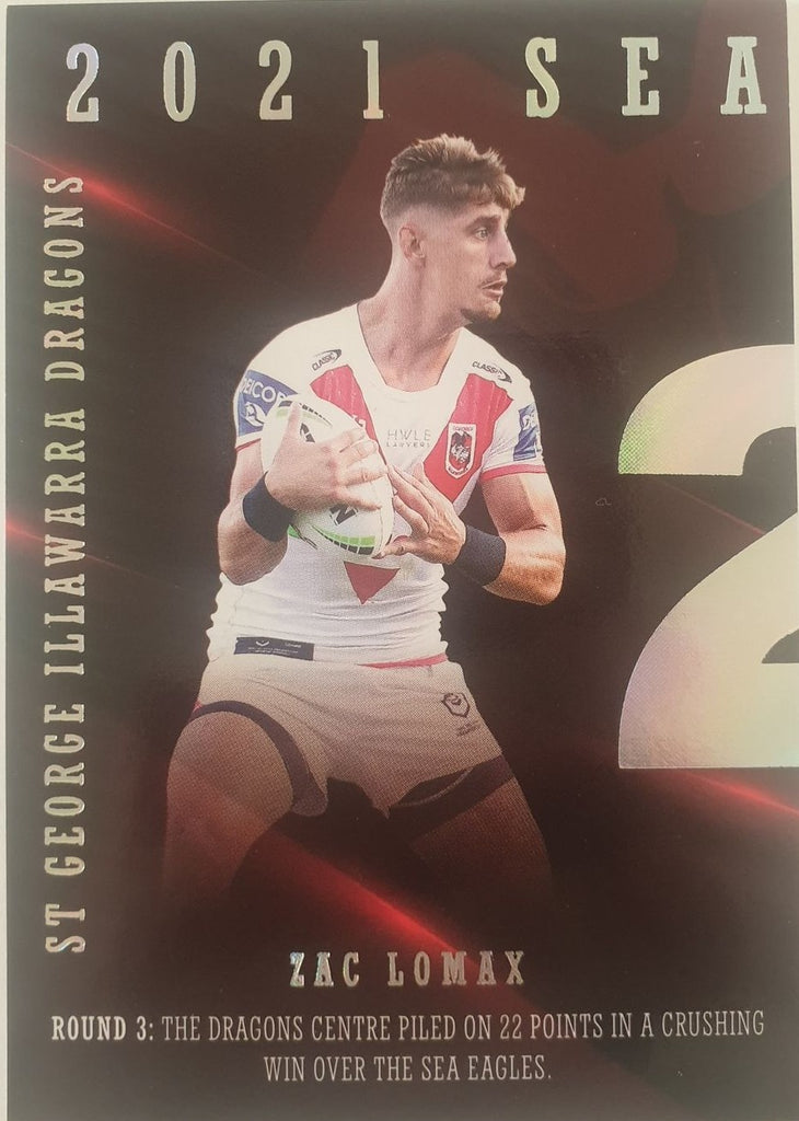 2022 TLA NRL Traders Trading card insert series 2021 Season to Remember of St George Illawarra Dragons player Zac Lomax card 37/48.