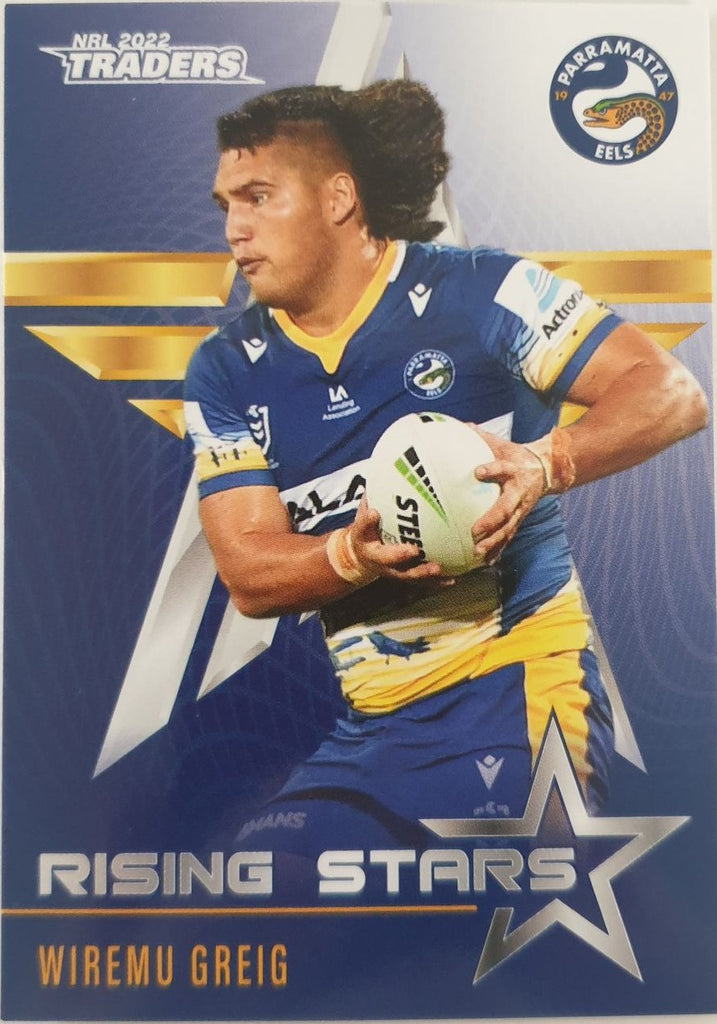 2022 TLA NRL Traders Trading card insert series Rising Stars of Parramatta Eels player Wiremu Greig card 29/48.
