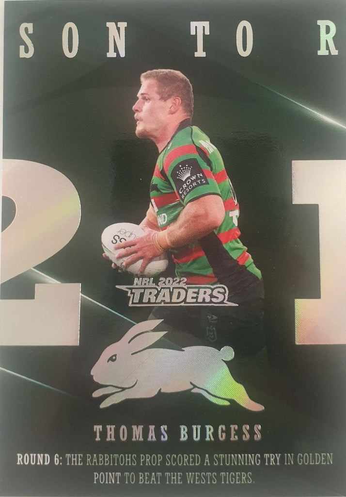 2022 TLA NRL Traders Trading card insert series 2021 Season to Remember of South Sydney Rabbitohs player Tom Burgess card 35/48.