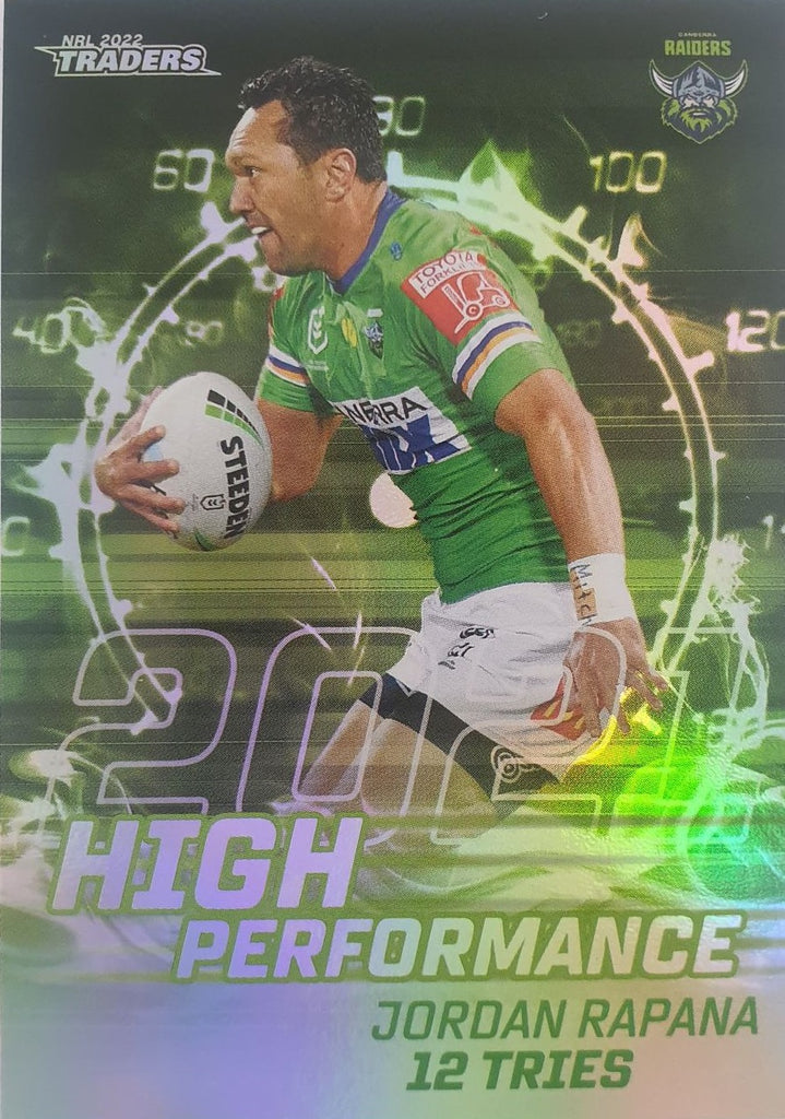 2022 TLA NRL Trading Cards insert series High Performance of Canberra Raiders player Jordan Rapana. Card 04/48.