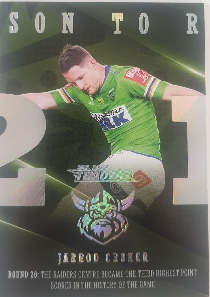 2022 TLA NRL Traders Trading card insert series 2021 Season to Remember of Canberra Raiders player Jarrod Croker card 05/48.