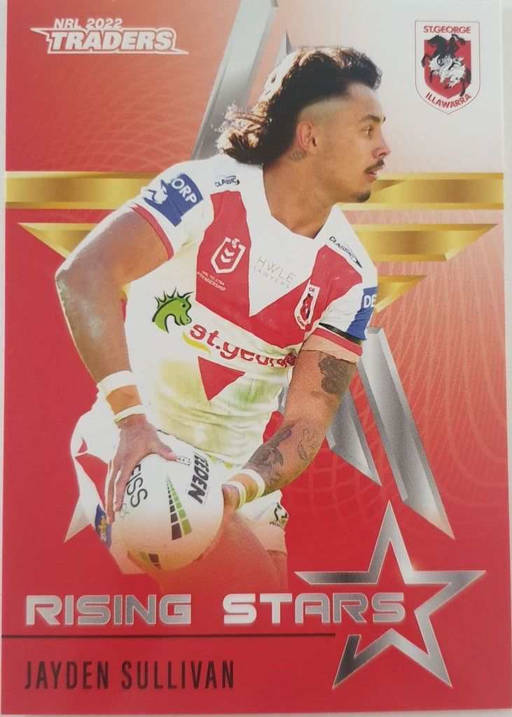 2022 TLA NRL Traders Trading card insert series Rising Stars of St George Illawarra Dragons player Jayden Sullivan card 39/48.