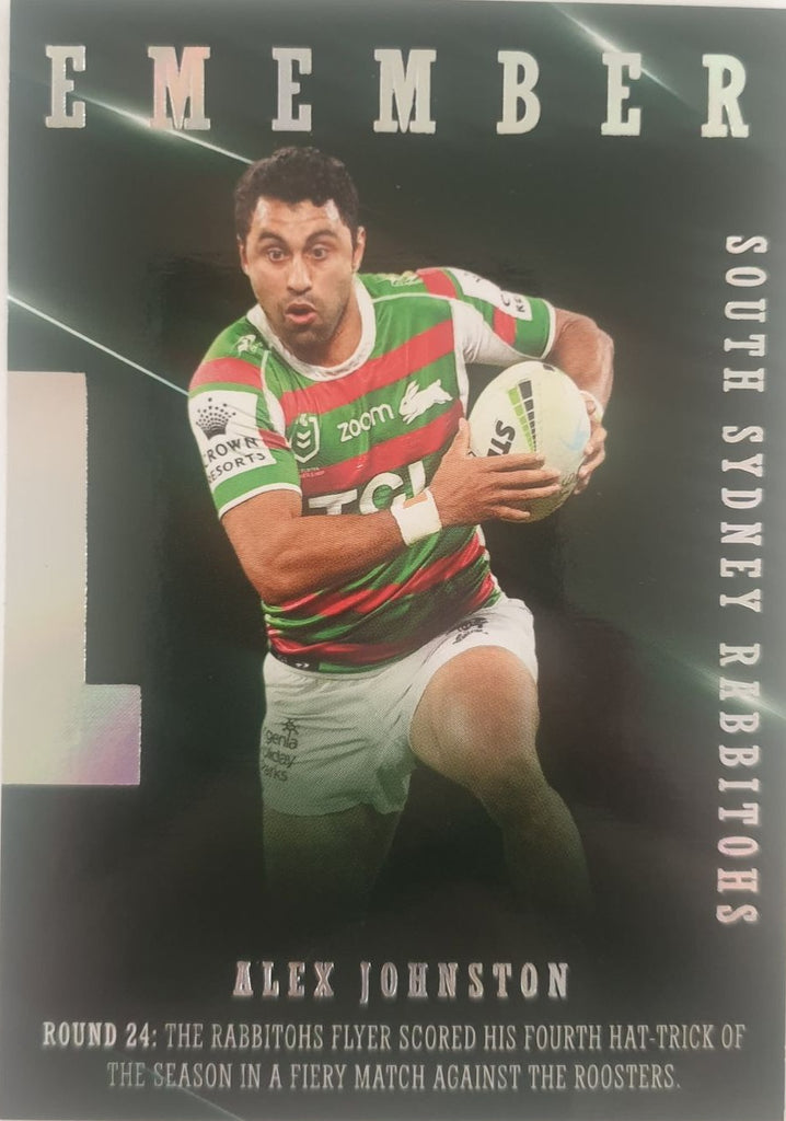2022 TLA NRL Traders Trading card insert series 2021 Season to Remember of South Sydney Rabbitohs player Alex Johnston card 36/48.