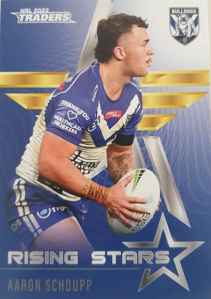 2022 TLA NRL Traders Trading card insert series Rising Stars of Canterbury Bankstown Bulldogs player Aaron Schoupp card 09/48.