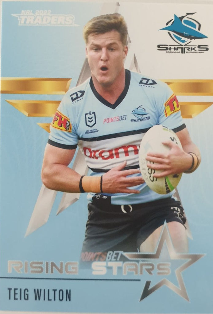 2022 TLA NRL Traders Trading card insert series Rising Stars of Cronulla Sharks player Teig Wilton card 12/48.