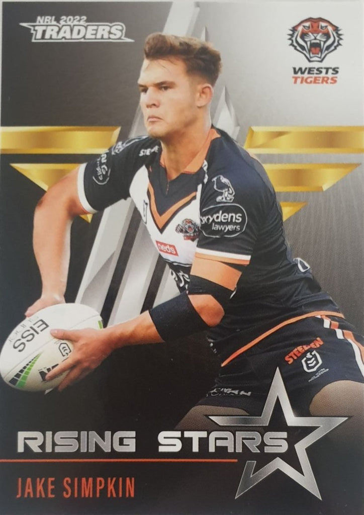 2022 TLA NRL Traders Trading card insert series Rising Stars of Wests Tigers player Jake Simpkin card 48/48