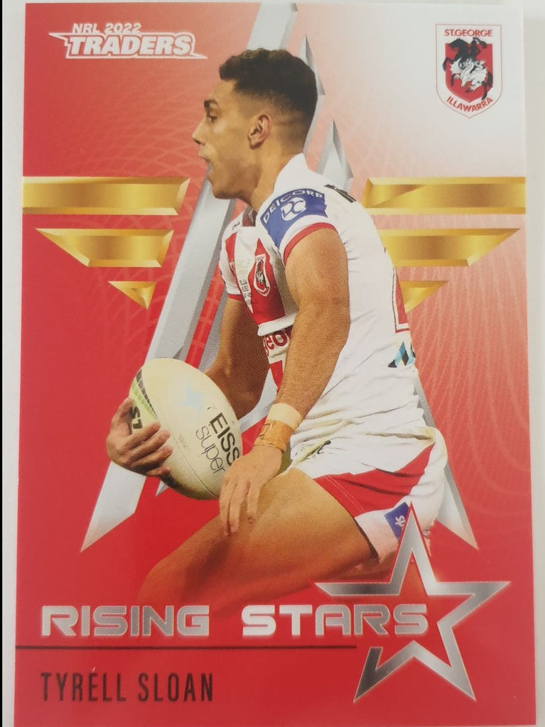 2022 TLA NRL Traders Trading card insert series Rising Stars of St George Illawarra Dragons player Tyrell Sloan card 38/48.