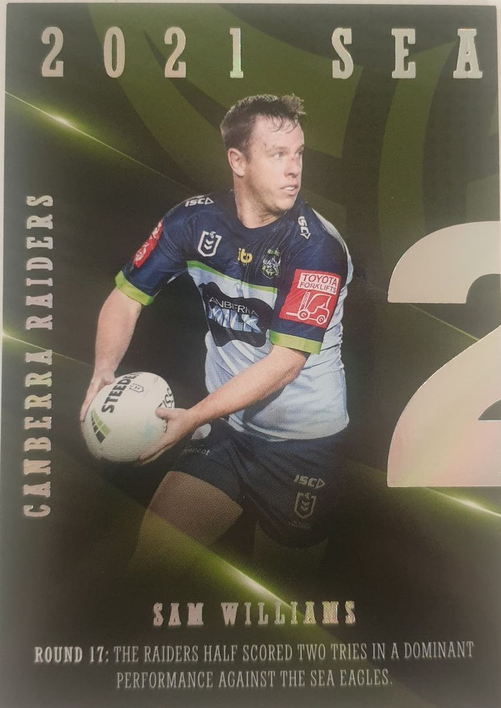 2022 TLA NRL Traders Trading card insert series 2021 Season to Remember of Canberra Raiders player Sam Williams card 04/48.