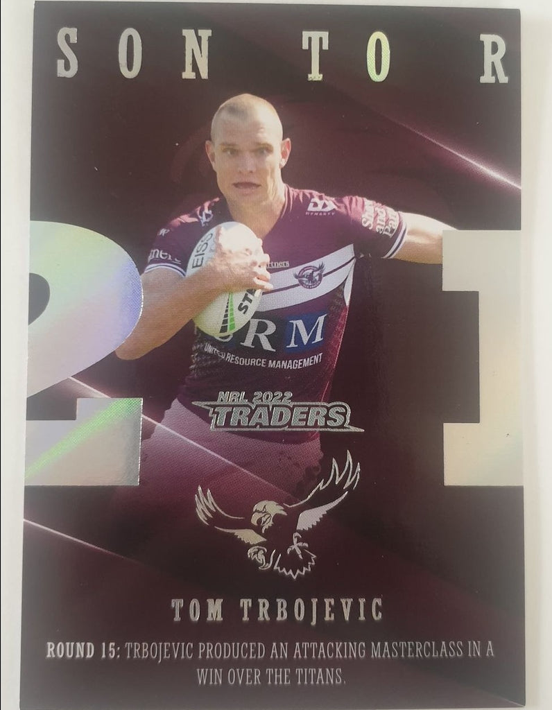 2022 TLA NRL Traders Trading card insert series 2021 Season to Remember of Manly Warringah Sea-Eagles player Tom Trbojevic card 17/48.