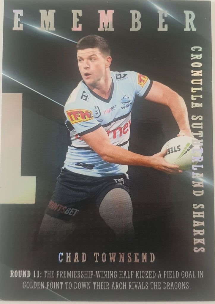 2022 TLA NRL Traders Trading card insert series 2021 Season to Remember of Cronulla Sharks player Chad Townsend card 12/48.