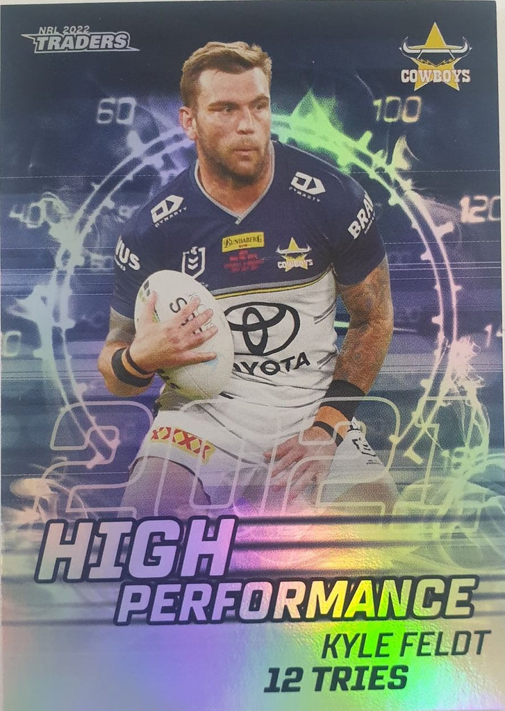 2022 TLA NRL Trading Cards insert series High Performance of North Queensland Cowboys player Kyle Feldt. Card 25/48.