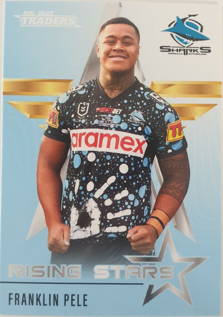 2022 TLA NRL Traders Trading card insert series Rising Stars of Cronulla Sharks player Franklin Pele card 11/48.