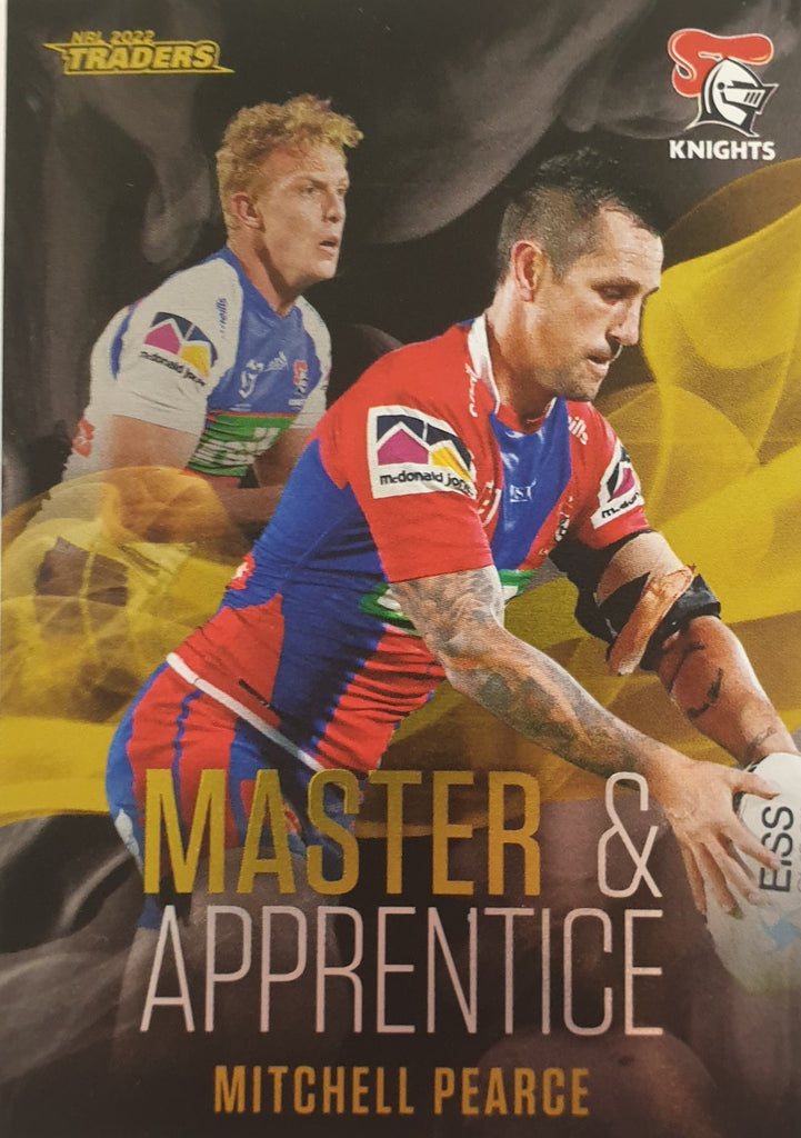 2022 TLA NRL Traders insert series Master & Apprentice Black of Newcastle Knights player Mitchell Pearce. Card 15/32.