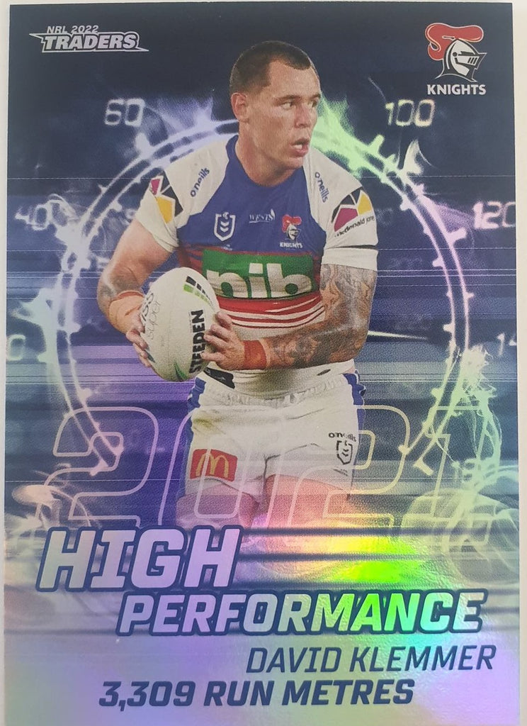 2022 TLA NRL Trading Cards insert series High Performance of Newcastle Knights player David Klemmer. Card 23/48.