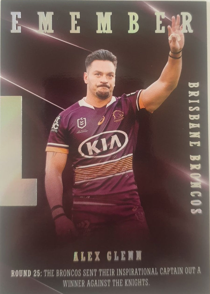 2022 TLA NRL Traders Trading card insert series 2021 Season to Remember of Brisbane Broncos player Alex Glenn card 03/48.