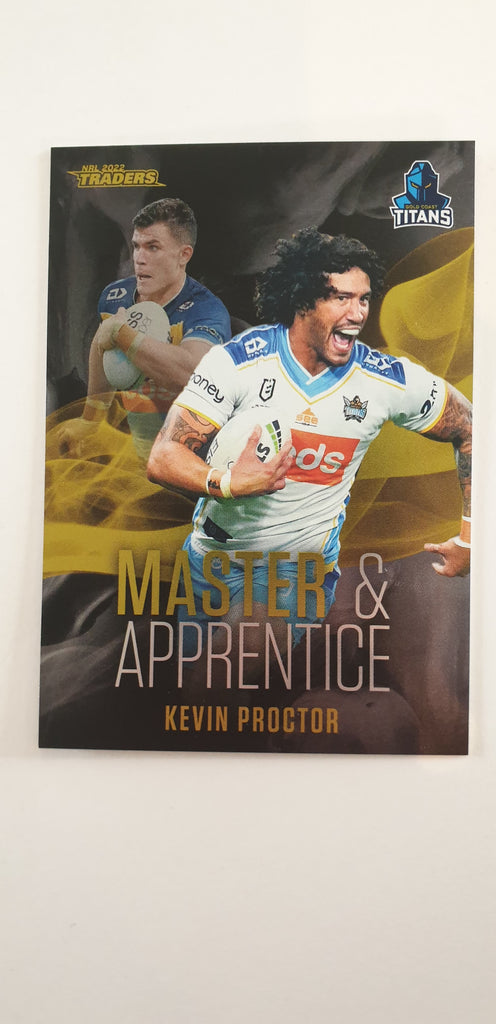 2022 TLA NRL Traders insert series Master & Apprentice Black of Gold Coast Titans player Kevin Proctor. Card 09/32.