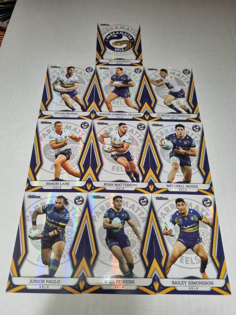 Full Base Pearl Parallel Team Set (10 cards) of the Parramatta Eels from the 2023 NRL Traders release.