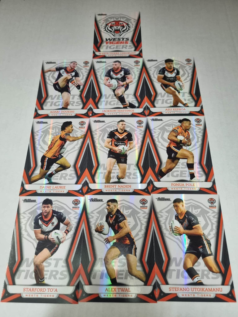 Full Base Pearl Parallel Team Set (10 cards) of the Wests Tigers from the 2023 NRL Traders release.
