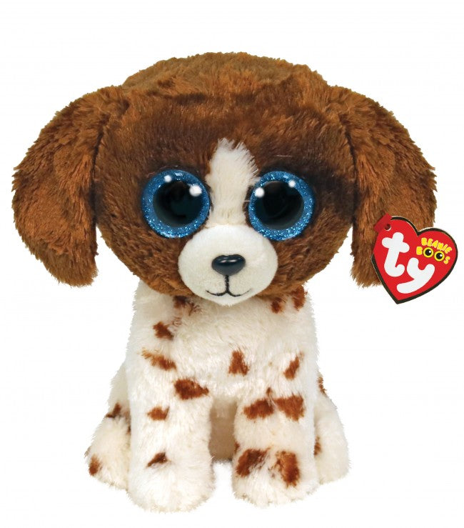 Muddles the Brown and White Dog TY Beanie Boo. Blue sparkly eyes. Plain background. 
