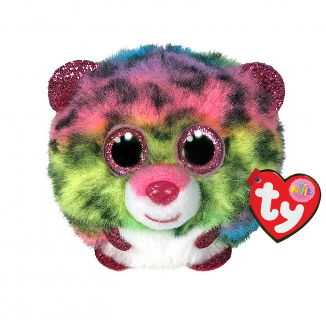 Dotty the Multi-coloured Leopard TY Beanie Boo Puffies. Pink eyes. Plain background. 