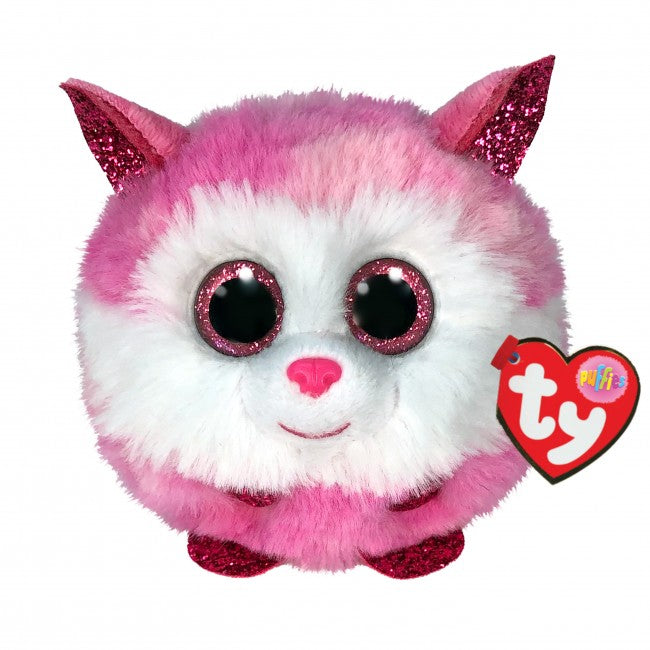 Princess the Pink Husky TY Beanie Boo Puffies. Pink sparkly eyes. Plain background.