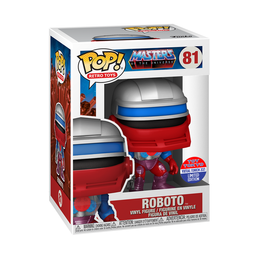 Funko Pop! Vinyl figure of Masters of the Universe character Roboto from SDCC21.
