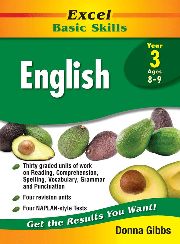 Excel Basic Skills educational book on English for Year 3 (Ages 8-9) by Donna Gibbs.