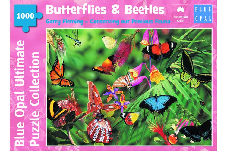 Blue Opal 1000 piece jigsaw puzzle titled Butterflies & Beetles.