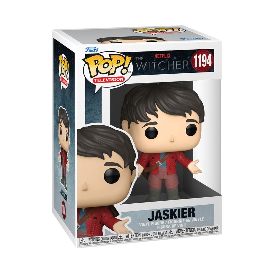 Funko Pop! Vinyl figure of televisions The Witcher character Jaskier in red outfit.