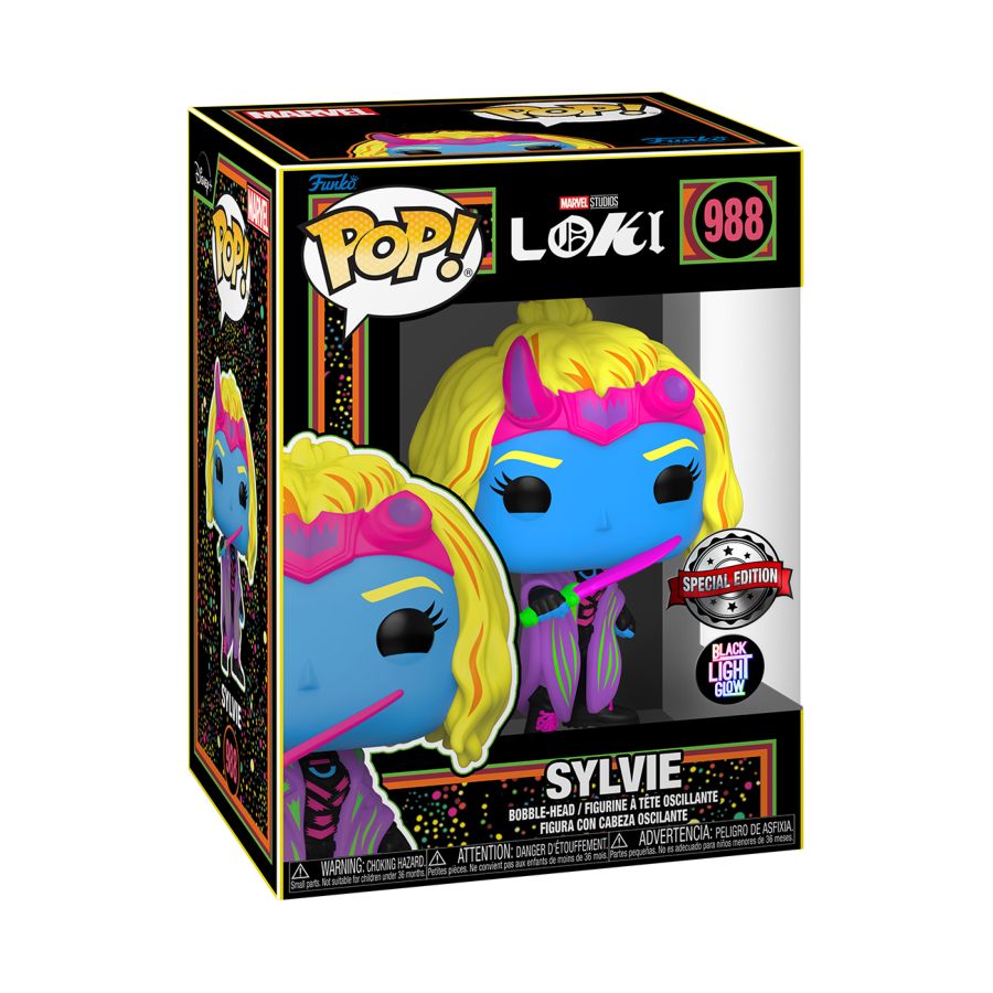 Funko Pop! Vinyl Black Light of Marvel's Loki character Sylvie.