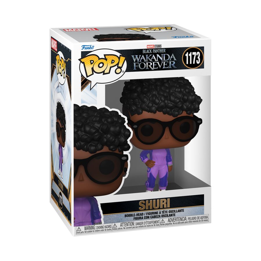 Funko Pop! Vinyl figure of Marvel's Black Panther 2 Wakanda Forever character Shuri with Sunglasses.