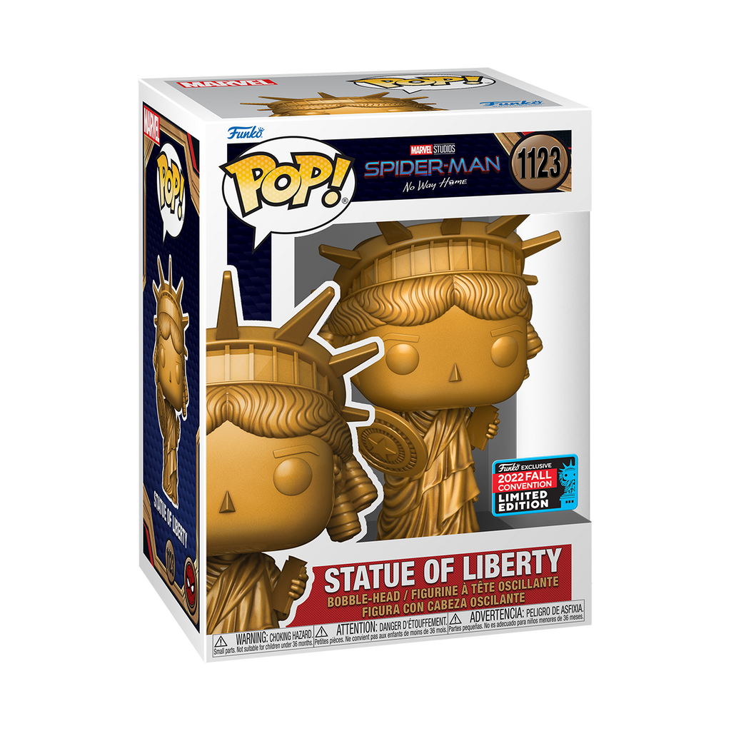 Funko Pop! Vinyl figure of Marvel's Spider-Man No Way Home. Statue of Liberty with Shield from the NYCC22 release.