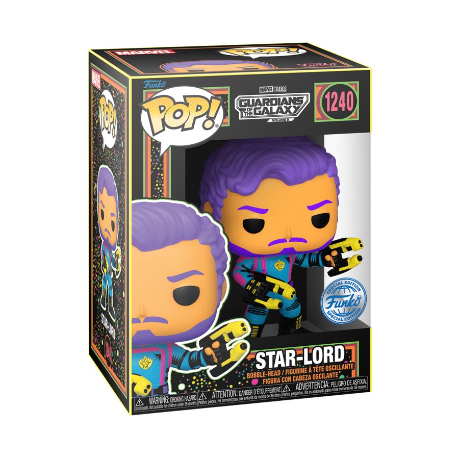 Funko Pop! Vinyl Black Light figure of Marvel's Guardians of the Galaxy 3 character Star-Lord.