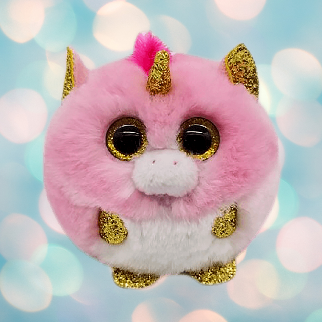 Fantasia the pink unicorn Puffie TY Beanie Boo. Yellow sparkly eyes. Blue, glittery, sparkly background.