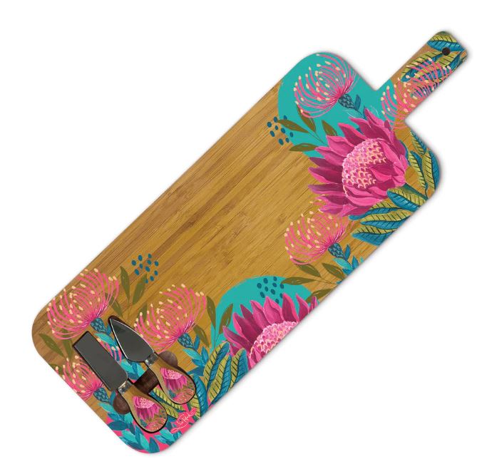 Lisa Pollock Bamboo Serving Platter with Matching Knives "Budding Joy" design.