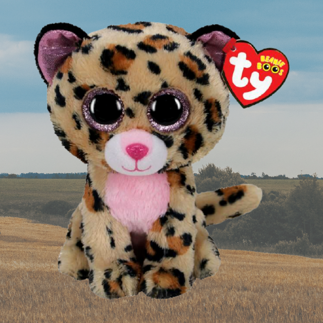 Livvie the Brown and Pink Leopard TY beanie boo. Pink sparkly eyes. Grassy plains background.