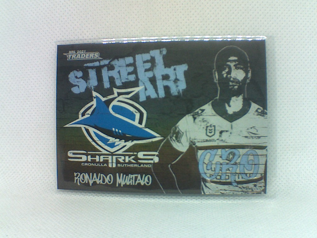 Cronulla Sharks player Ronaldo Mulitalo from the NRL Traders 2021 Trading card series Street Art Black