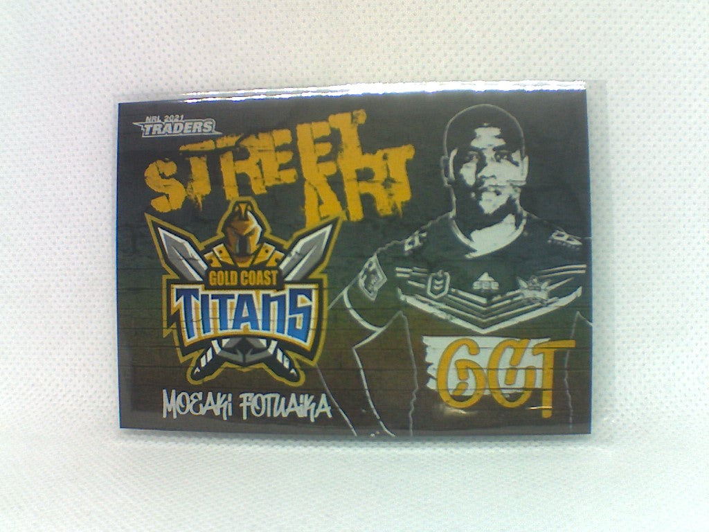 Gold Coast Titans player Moeaki Fotuaika from the NRL Traders 2021 trading card series Street Art Black