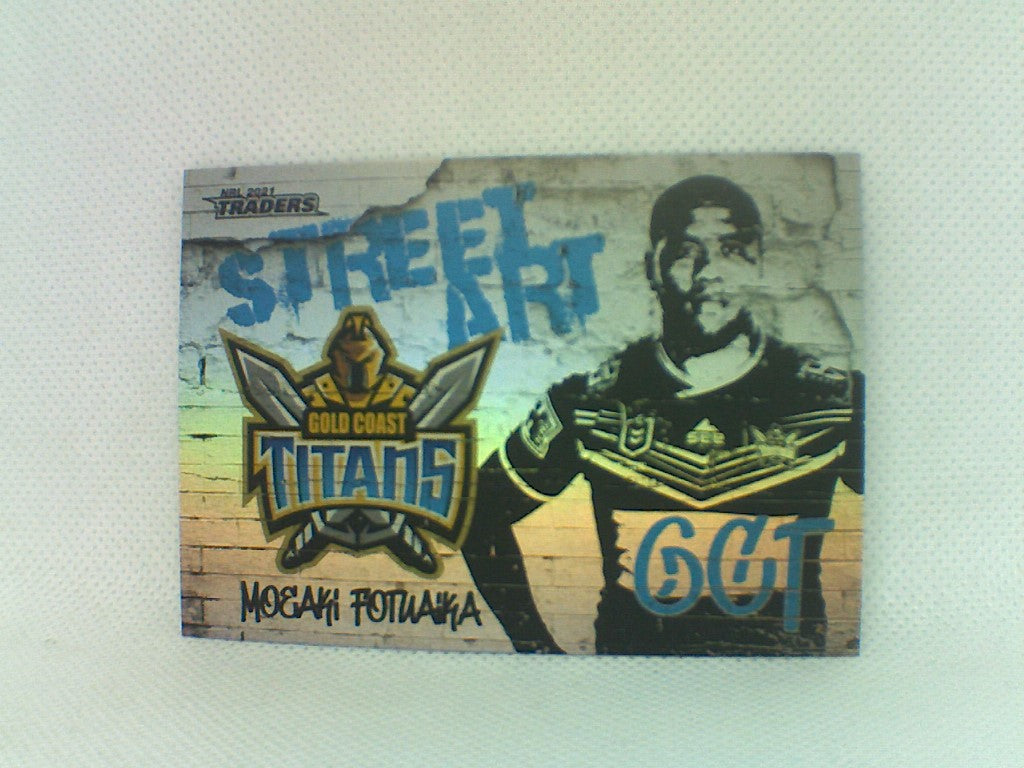 Gold Coast Titans player Moeaki Fotuaika from the NRL Traders 2021 trading card series Street Art White