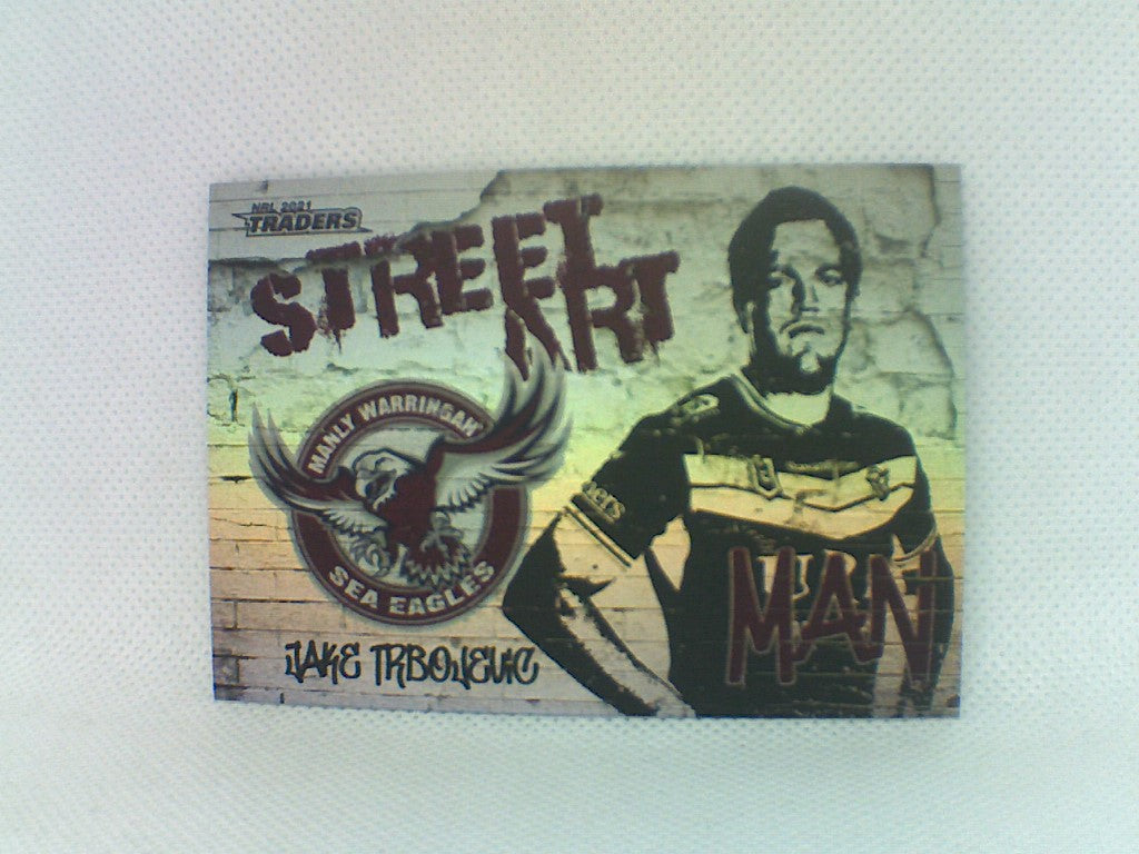 Manly Sea Eagles player Jake Trbojevic from the NRL Traders 2021 trading card series Street Art White