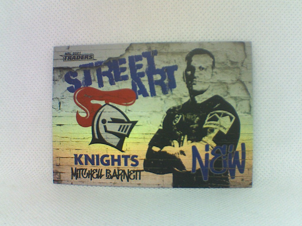Newcastle Knights player Mitchell Barnett from the NRL Traders 2021 trading card series Street Art White