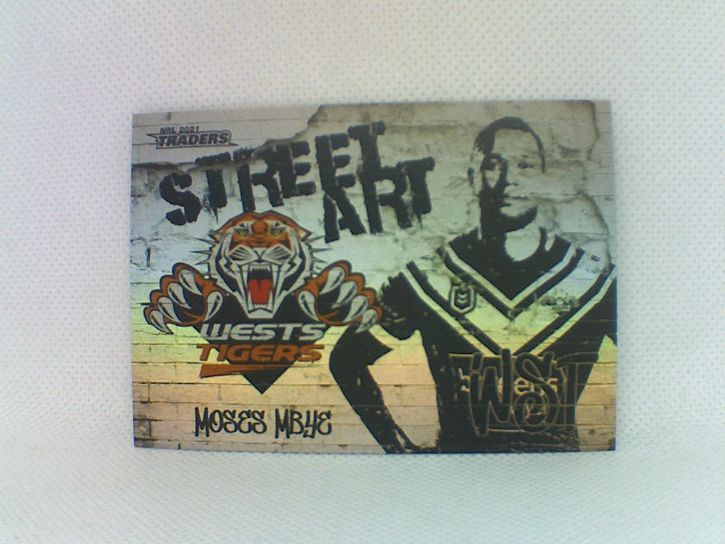 West Tigers player Moses Mbye from the NRL Traders 2021 trading card series Street Art White
