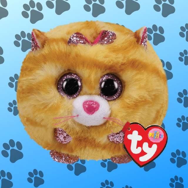 Tabitha the yellow tabby cat TY Beanie Boo. Pink sparkly eyes. Blue background with black paw prints.