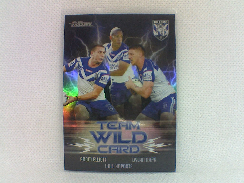 Canterbury Bulldogs team wild card featuring Adam Elliott,Dylan Napa & Will Hopoate from the NRL Traders 2021 trading card release.