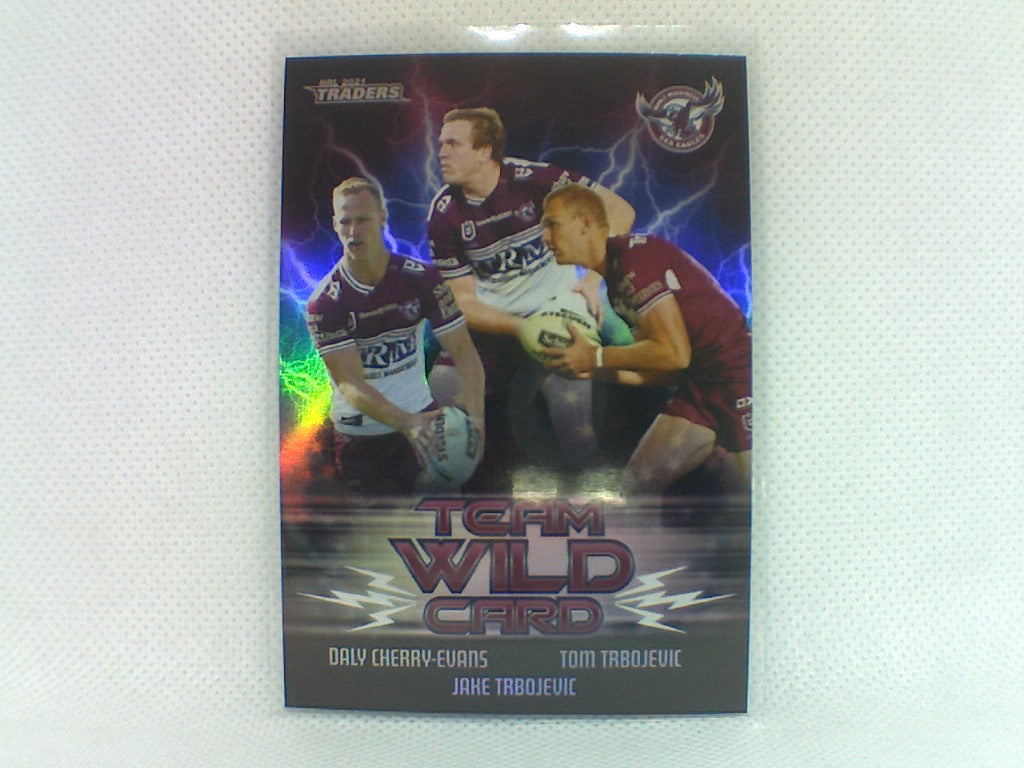 Manly Sea Eagles team wild card featuring Daly Cherry-Evans,Tom Trbojevic & Jake Trbojevic from the NRL Traders 2021 trading card release.
