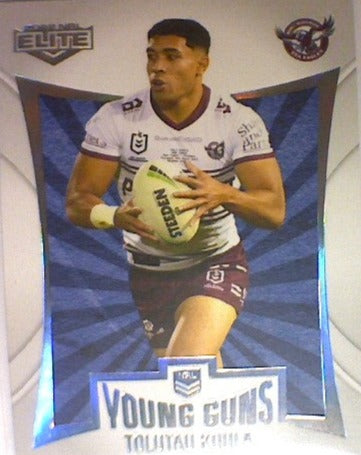 Tolutau Koula from the Young Guns insert series of 2022 NRL Elite trading cards.