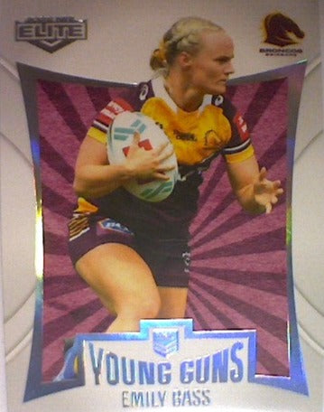 Emily Bass from the Young Guns insert series of 2022 NRL Elite trading cards.
